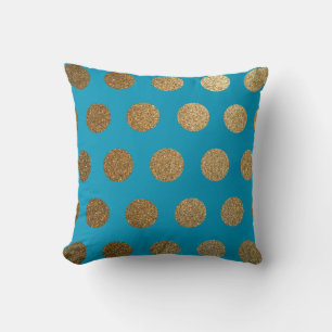 Modern Trendy Chic Teal Blue Gold Polka Dot Cushion