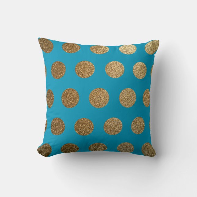 Modern Trendy Chic Teal Blue Gold Polka Dot Cushion (Front)