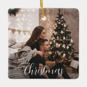 Modern Trendy Christmas Couple Photo Ceramic Ornament