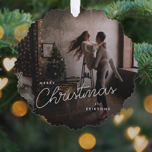 Modern Trendy Christmas   Dark Dusky Couple Photo Tree Decoration Card