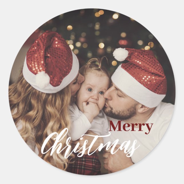 Modern Trendy Christmas  Dark Dusky Family Photo Classic Round Sticker (Front)
