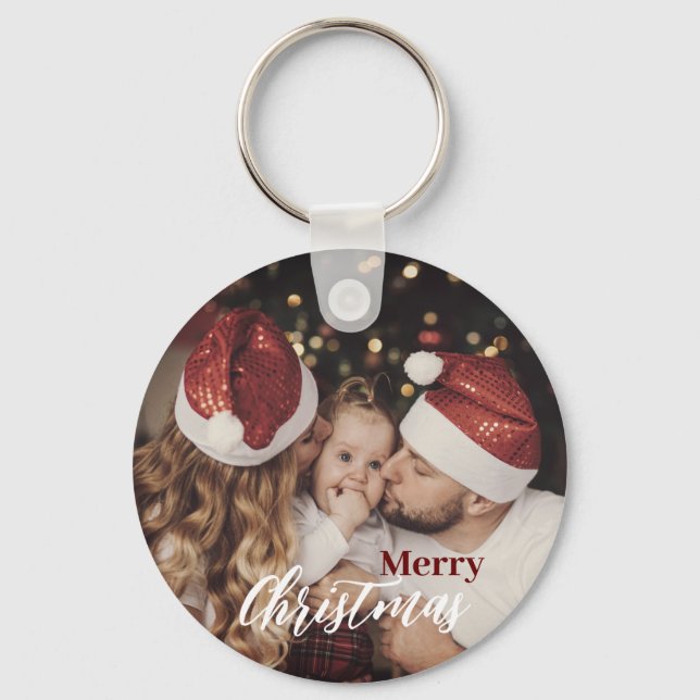 Modern Trendy Christmas  Dark Dusky Family Photo  Key Ring (Front)