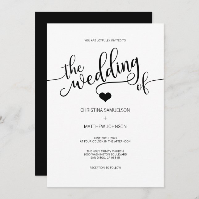 Modern Trendy Classic Black & White Heart Wedding Invitation (Front/Back)