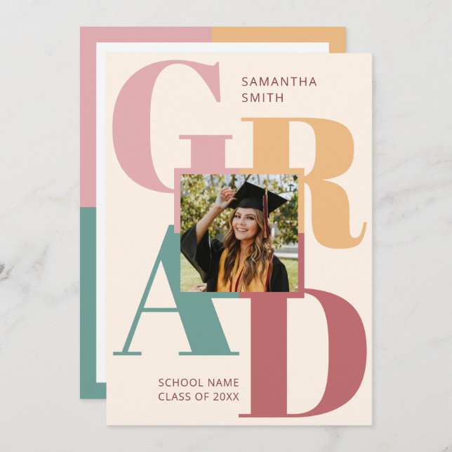 Modern Trendy Colour Typography 2 Photo Graduation Announcement (Front/Back)