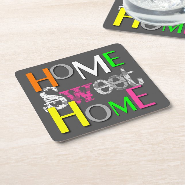 Modern Trendy Colourful Home Sweet Home Square Paper Coaster (Angled)
