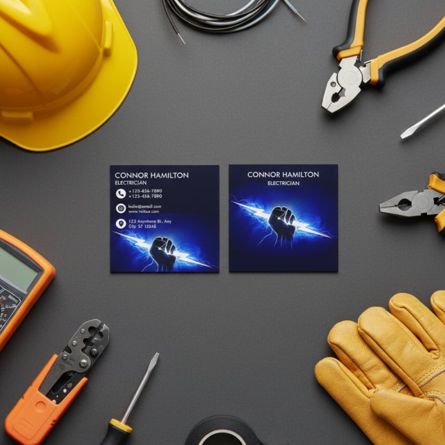 Modern Trendy Cool Blue Lightning Electrician Busi Square Business Card (Creator Uploaded)