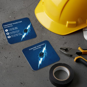 Modern Trendy Cool Blue Lightning Electrician Busi Square Business Card