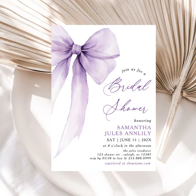 Modern Trendy Coquette Purple Bow Bridal Shower Invitation (Creator Uploaded)