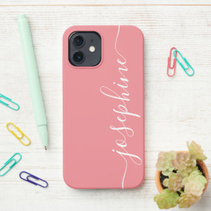 Modern Trendy Coral Pink Calligraphy Script Name iPhone 12 Case