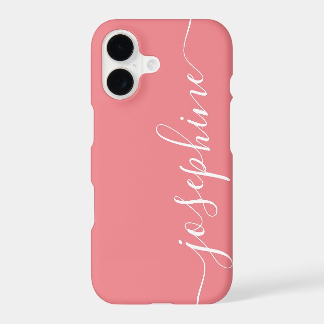 Modern Trendy Coral Pink Calligraphy Script Name iPhone Case (Back)