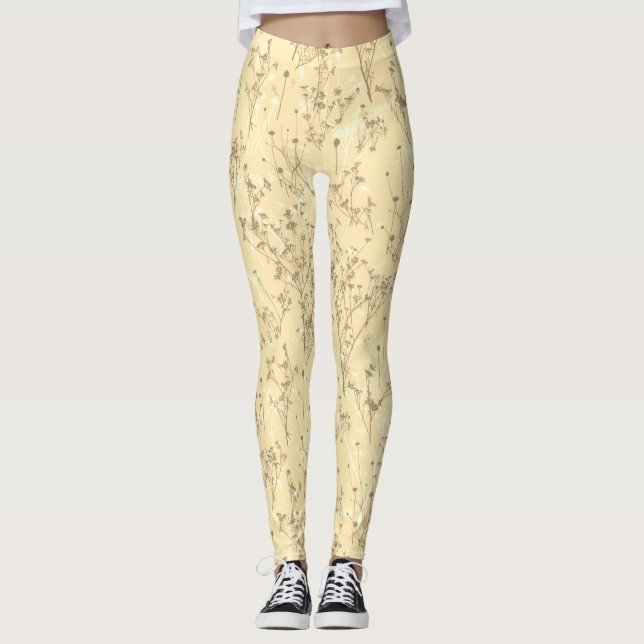 Modern Trendy Cream Beige Wildflower Pattern Leggings (Front)