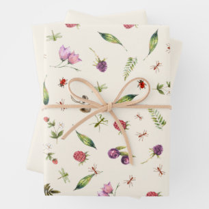 Modern Trendy Cream Woodland Wildflowers Insects Wrapping Paper Sheet