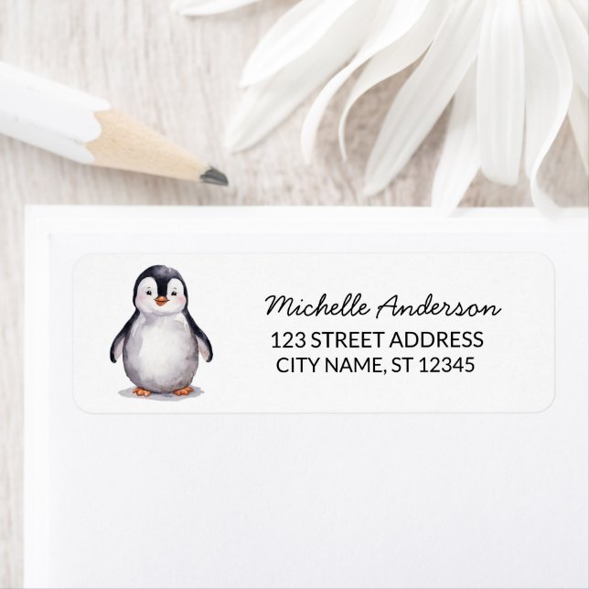 Modern Trendy Cute Penguin Return Address          Label (Insitu)