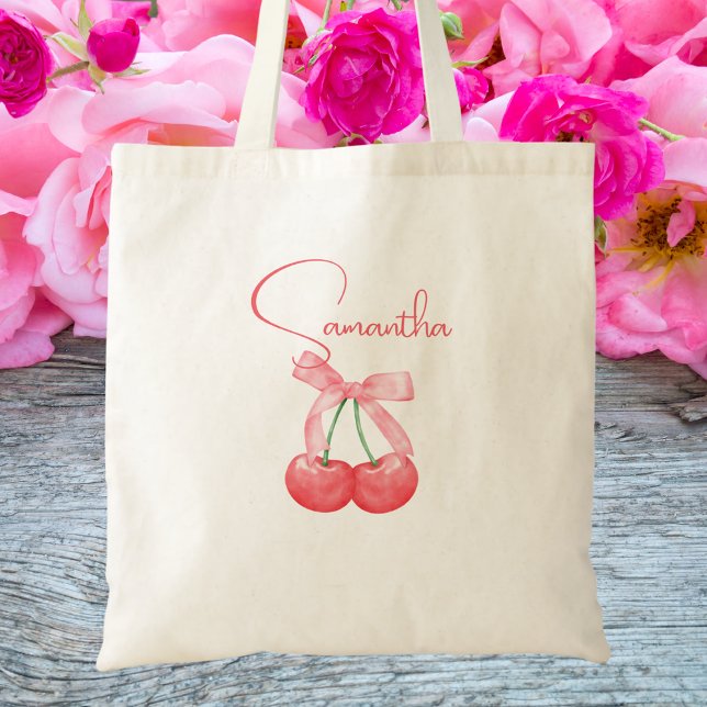 Modern Trendy Cute Pink Bow & Cherries Tote Bag (Creator Uploaded)