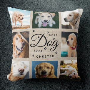 Modern Trendy Dog Pet Photo Collage Linen Paw Cushion
