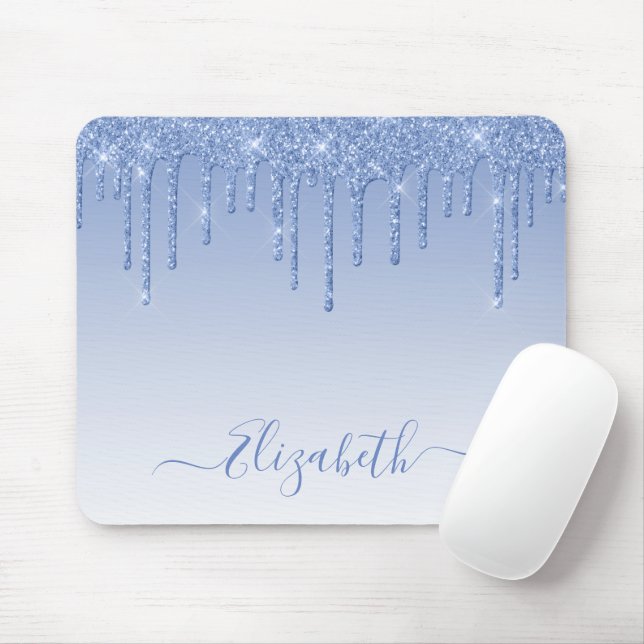 Modern Trendy Dusty Blue Glitter Stylish Script Mouse Pad (With Mouse)