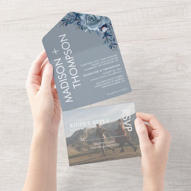 Modern Trendy Dusty Blue Photo Wedding All In One  Invitation (Tearaway)