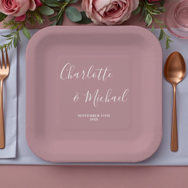 Modern Trendy Dusty Rose Script Wedding Paper Plate (Creator Uploaded)