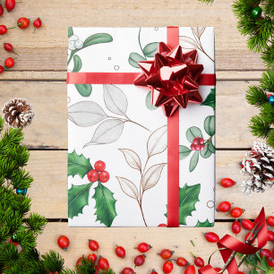 Modern Trendy Elegant Winter Green Holly Pattern Wrapping Paper
