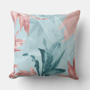 Modern Trendy Exotic Blue Pink Tropical Leaves Cushion