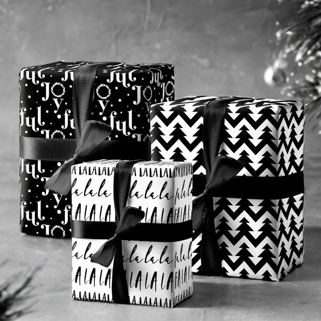 Modern Trendy FA LA LA Joyful Black and White  Wrapping Paper Sheet (Modern Trendy FA LA LA Joyful Black and White Wrapping Paper Sheets)