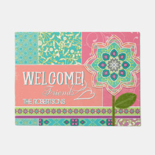 Modern Trendy Floral Pattern Welcome Family Name Doormat