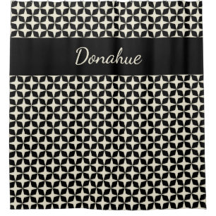 Modern Trendy Geometric Pattern Black Cream Name Shower Curtain