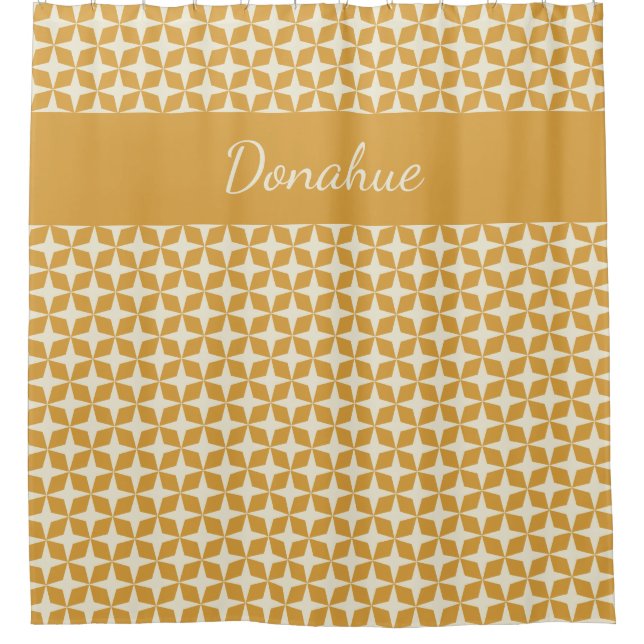 Modern Trendy Geometric Pattern Yellow Cream Name Shower Curtain (Front)