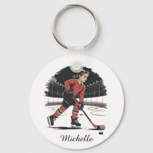 Modern Trendy Girl Playing Ice Hockey Personalised Key Ring