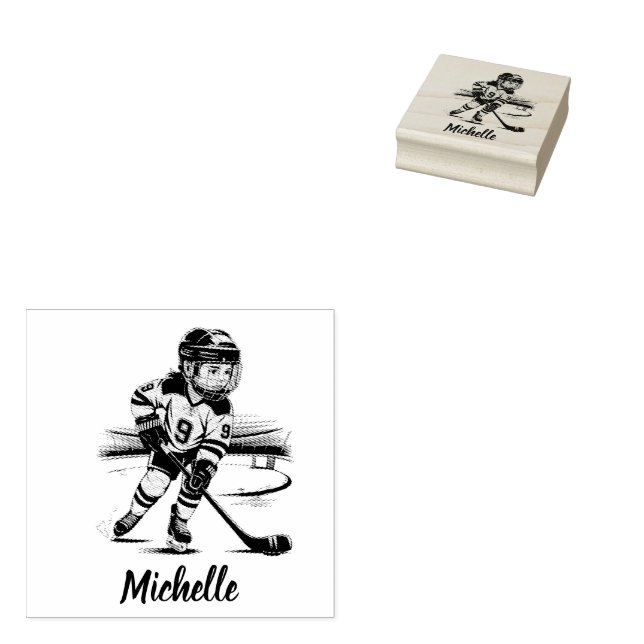 Modern Trendy Girl Playing Ice Hockey Personalised Rubber Stamp (Stamped)