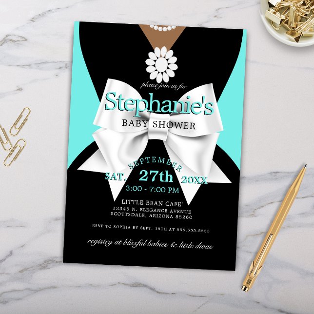 Modern Trendy Glam Ethnic Tiffany Baby Shower Invitation (Elegant Little Black Dress Baby Shower with Dark Skin Tones for Ethnic Baby Shower Theme)