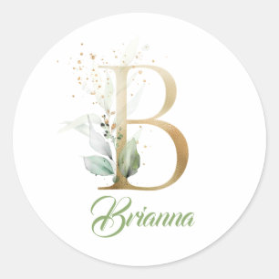 Modern trendy gold B monogram green and gold foil  Classic Round Sticker