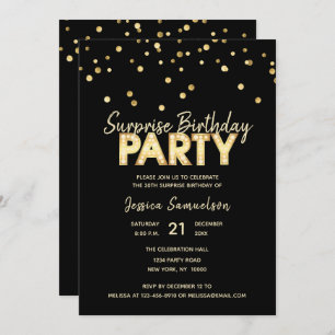 Modern Trendy Gold Black SURPRISE BIRTHDAY PARTY Invitation