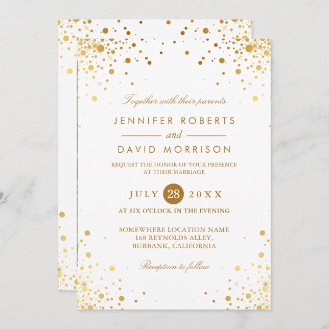 Modern Trendy Gold Confetti Dots Wedding Photo Invitation (Front/Back)