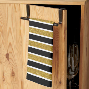 Modern Trendy Gold Glitter Black White Stripes Tea Towel