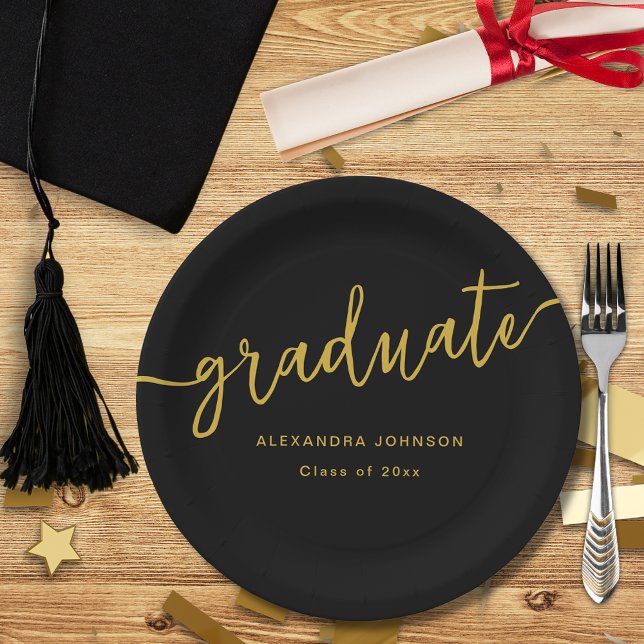 Modern Trendy Gold Script Graduation Party Paper Plate (Elegant Gold script graduation party custom black paper plate graduate name and class of 2025)