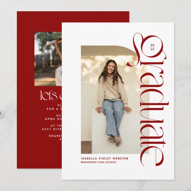 Modern trendy graduate red photo graduation invitation (Front/Back)