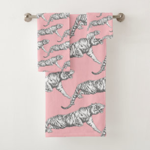 Modern Trendy Gray Tiger on Pink Bath Towel Set