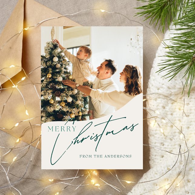 Modern Trendy Green Merry Christmas Family Photo Holiday Card (Front)
