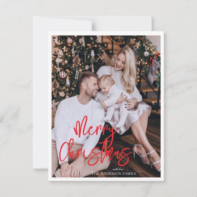 Modern Trendy green red  Christmas Family Photo Holiday Card (Front)