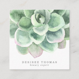 Modern Trendy Green Watercolor Succulents Square Business Card