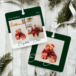 Modern Trendy Green & White Name Monogram 3 Photo Metal Tree Decoration