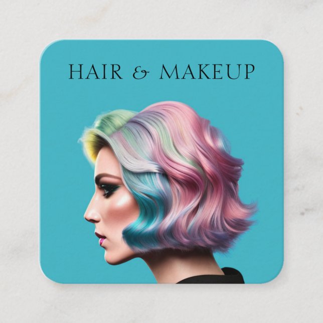 Modern Trendy Hair and Makeup Artist Blue Square Business Card (Front)