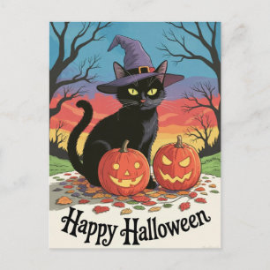 Modern Trendy Halloween Pumpkins and Black Cat Postcard