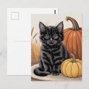 Modern Trendy Halloween Pumpkins and Black Cat Postcard