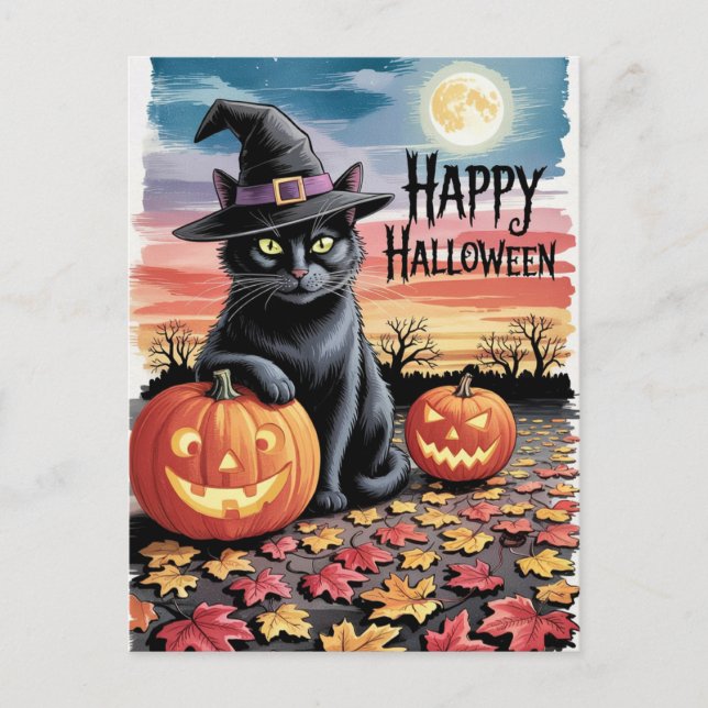 Modern Trendy Halloween Pumpkins and Black Cat  Postcard (Front)