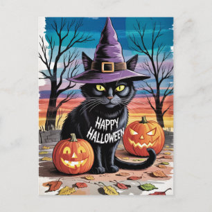 Modern Trendy Halloween Pumpkins and Black Cat Postcard