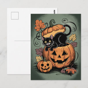 Modern Trendy Halloween Pumpkins and Black Cat Postcard