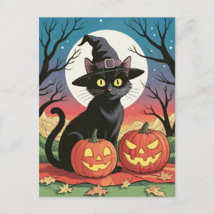 Modern Trendy Halloween Pumpkins and Black Cat Postcard