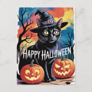 Modern Trendy Halloween Pumpkins and Black Cat Postcard